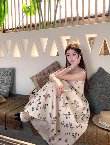 Purple Print Floral A Line Strapless Satin Long Prom Dress Party Dress Birthday Dress HZ1023